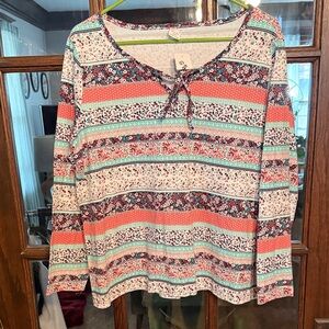 C&A Womens Floral Geometric Striped Long Sleeve Tie Neck Cotton Top Size 12